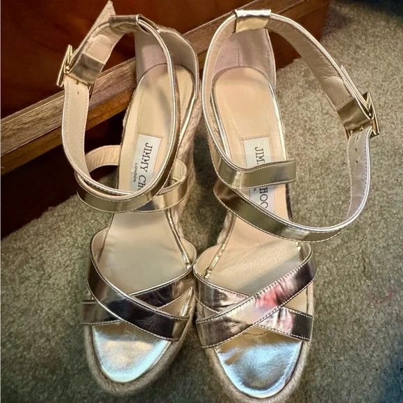 Jimmy Choo Gold/Champage Porto Platform Wedge Espadrille Sandal EU36/6 - Picture 16 of 16